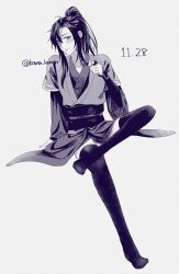  1boy absurdres ahoge blush chinese_clothes closed_mouth crossdressing dated full_body girly_boy grey_background greyscale hanfu high_ponytail highres holding holding_own_hair invisible_chair koma_horen long_hair long_sleeves looking_at_viewer male_focus modao_zushi monochrome no_pants no_shoes playing_with_own_hair ponytail robe sash sidelocks simple_background sitting sleeves_past_wrists smile solo thighhighs twitter_username wei_wuxian white_background wide_sleeves zettai_ryouiki 