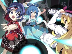  3girls belt black_belt black_ribbon black_skirt blonde_hair blue_dress blue_eyes blue_hair chinese_clothes collared_vest commentary_request danmaku dress feet_out_of_frame flower frilled_hat frills hair_ornament hair_rings hair_stick hat hiyaya_(kochi_michikaze) jiangshi kaku_seiga kirisame_marisa lace-trimmed_sleeves lace_trim long_hair looking_at_another miyako_yoshika multiple_girls neck_ribbon newsboy_cap ofuda open_clothes open_mouth open_vest outstretched_arms purple_hat red_shirt ribbon shirt short_hair short_sleeves skirt smile tangzhuang ten_desires touhou vest white_flower white_vest witch_hat yellow_eyes zombie_pose 