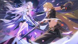 1boy 1girl absurdres aether_(genshin_impact) ahoge armpits backless_dress backless_outfit battle black_shorts blonde_hair braid braided_ponytail breasts brown_gloves brown_pants brown_shirt bum_hico colored_extremities cropped_shirt dress duel earrings genshin_impact gloves grey_hair halter_dress halterneck highres holding holding_sword holding_weapon jewelry long_hair looking_at_another midriff navel open_mouth pants pink_eyes scarf second-party_source shirt short_dress short_shorts short_sleeves shorts single_braid single_earring skirk_(genshin_impact) sleeveless sleeveless_dress sword teeth two-sided_fabric two-sided_scarf upper_teeth_only vambraces weapon white_dress white_scarf yellow_scarf 