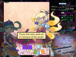  1girl 2girls alternate_element aqua_eyes aqua_hair ascot bare_shoulders belt bloomers blue_eyes blue_hat blue_legwear blue_ribbon blue_skirt blush bow character_name charno chouchin_obake collar collared_dress collared_shirt commentary copyright_name dark-skinned_female dark_skin david_hrusa dress english_commentary english_text fake_screenshot fiery_wings flat_chest frilled_dress frilled_skirt frills full_body gradient_hair hair_bow hair_ornament hair_ribbon hair_rings hat hat_ornament holding lantern lenny_face looking_at_viewer meme multicolored_hair multiple_girls necktie no_eyebrows orange_ribbon orange_skirt original parody patterned patterned_clothing pouch rachel_the_temple_maid red_footwear reddit ribbon scrunchie shirt shoes short_hair simple_background skirt sleeveless sleeveless_dress smile smug socks source_quote_parody speech_bubble stick style_parody topknot touaoii_(touhou) touhou twintails underwear vest white_background wings yellow_belt zun_(style) 