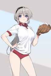 1girl ball baseball_(object) baseball_glove blue_eyes buruma clannad collared_shirt commentary_request grey_hair gym_shirt gym_uniform hand_on_own_hip highres kiya_hajime long_hair looking_at_viewer red_buruma sakagami_tomoyo school_uniform shirt short_sleeves solo standing thighs white_shirt 