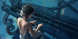 1girl artist_name back backless_dress backless_outfit bare_shoulders blue_theme character_request copyright_name dress earrings eyelashes from_behind ghostblade hairstyle_request highres instrument jewelry looking_down music piano piano_keys playing_instrument playing_piano princess_yan reflection silver_dress sitting solo watermark wlop rating:Sensitive score:7 user:danbooru