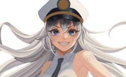  1girl absurdres artist_logo azur_lane black_necktie blue_eyes cerulea-blue commentary commission english_commentary enterprise_(azur_lane) highres logo long_hair looking_at_viewer necktie number_tattoo shirt shoulder_tattoo sleeveless sleeveless_shirt smile solo tattoo upper_body white_hair white_shirt 