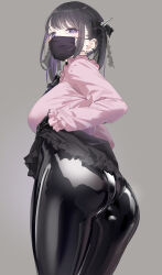  1girl ass back barbell_piercing black_bodysuit black_bow black_bowtie black_choker black_gloves black_hair black_mask black_pantyhose black_ribbon black_skirt blush bodysuit bodysuit_under_clothes bow bowtie breasts choker clothes_lift colored_eyelashes commentary covered_mouth cross_piercing ear_piercing earrings frills gloves grey_background hair_ornament highres industrial_piercing jewelry jirai_kei large_breasts latex latex_bodysuit latex_pantyhose long_hair long_sleeves looking_at_viewer looking_back mask medium_hair mouth_mask original pantyhose piercing pink_eyes pink_shirt purple_eyes ribbon shiny_clothes shirt shirt_tucked_in simple_background skirt skirt_lift solo spiked_ear_piercing thighs twintails yd_(orange_maru) zipper  rating:Sensitive score:50 user:danbooru