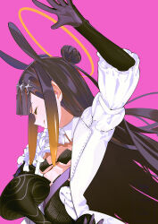  1girl absurdres amon555 black_gloves black_hair breasts center-flap_bangs closed_eyes double_bun dress dress_flower flower gauntlets gloves hair_bun hair_ornament halo hand_up highres hololive hololive_english layered_dress long_hair ninomae_ina&#039;nis ninomae_ina&#039;nis_(ina_the_hero) outstretched_hand pink_background pointy_ears single_gauntlet small_breasts solo tentacle_hair traditional_halo upper_body very_long_hair virtual_youtuber white_dress 