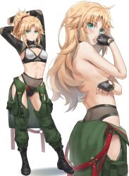  1girl absurdres arms_up black_gloves black_panties blonde_hair blush boots bra braid breasts commentary_request cropped_jacket fate/apocrypha fate_(series) fingerless_gloves full_body gloves green_eyes green_pants hair_ornament hair_scrunchie half_up_braid highres jewelry long_hair long_sleeves looking_at_viewer mordred_(fate) mordred_(fate/apocrypha) multiple_views navel panties pants parted_bangs ponytail red_scrunchie scrunchie shrug_(clothing) sidelocks simple_background small_breasts smile tonee topless_female underwear white_background white_bra 