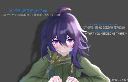  1girl ahoge ak_kes blush character_name commentary crying crying_with_eyes_open english_commentary eye-tee_(project_wingman) highres honkai:_star_rail honkai_(series) long_sleeves mask molly_zhang profanity project_wingman purple_eyes purple_hair seele_(honkai:_star_rail) tears unworn_mask upper_body voice_actor_connection 