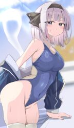  1girl absurdres black_hairband blue_eyes blue_one-piece_swimsuit breasts daru_(kumakumadon) grey_hair hair_ribbon hairband highleg highres hitodama jacket konpaku_youmu konpaku_youmu_(ghost) light_blush looking_at_viewer medium_breasts one-piece_swimsuit ribbon short_hair skindentation solo swimsuit thick_thighs thighhighs thighs touhou 