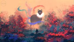  1boy 1other black_hair blue_jacket blurry bush depth_of_field dkaism fern full_body fur_collar glowing glowing_eyes highres jacket kitsune kyuubi limited_palette looking_at_another multiple_tails original painterly plant short_hair size_difference standing tail 
