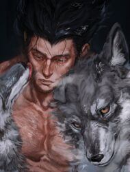  1boy animal black_hair chest_hair collarbone eyelashes facial_hair hamu_popopo highres licking licking_another&#039;s_face male_focus marvel muscular muscular_male parted_lips pectorals short_hair topless_male wolf wolverine_(x-men) x-men 