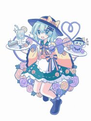  1girl adapted_costume alternate_costume apron black_hat blush bow bowtie cake cake_slice commentary cup drinking_glass drinking_straw enmaided eyeball flower food frilled_shirt_collar frilled_skirt frilled_sleeves frills fruit full_body green_eyes green_hair green_skirt hat hat_bow hat_flower heart heart_of_string holding holding_plate komeiji_koishi lemon lemon_slice long_sleeves looking_at_viewer maid open_mouth plate purple_flower shirt silverrain simple_background skirt smile solo third_eye touhou waist_apron white_apron white_background wide_sleeves yellow_bow yellow_shirt 