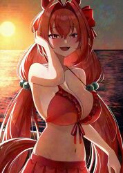  1girl animal_ears bikini breasts daiwa_scarlet_(trifle_vacation)_(umamusume) daiwa_scarlet_(umamusume) fang hair_intakes highres horse_ears horse_girl horse_tail long_hair looking_at_viewer low_twintails motsushi red_bikini red_eyes red_skirt skin_fang skirt smile solo sunset swimsuit tail tracen_swimsuit twintails umamusume 