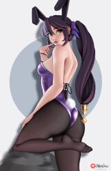  1girl alternate_costume animal_ears ass backless_leotard bare_back black_hair black_pantyhose breasts commentary english_commentary fake_animal_ears finger_to_mouth genshin_impact green_eyes hair_between_eyes hand_up highres jackary leotard long_hair looking_at_viewer looking_to_the_side medium_breasts mona_(genshin_impact) no_shoes pantyhose parted_lips playboy_bunny purple_leotard rabbit_ears shadow signature solo strapless strapless_leotard twintails very_long_hair white_background 