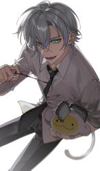  1boy :d absurdres black_necktie black_pants blue_eyes chainsaw_man collared_shirt commentary commentary_request cosplay crossed_bangs denji_(chainsaw_man) denji_(chainsaw_man)_(cosplay) earrings english_commentary hair_between_eyes hand_up highres jewelry kaelix_debonair kaohom503 long_sleeves looking_at_viewer male_focus mixed-language_commentary necktie nijisanji nijisanji_en open_mouth pants parted_bangs pochita_(chainsaw_man) pochita_(chainsaw_man)_(cosplay) red_pupils sharp_teeth shirt short_hair simple_background sleeves_rolled_up smile solo teeth virtual_youtuber white_background white_hair white_shirt wing_collar 