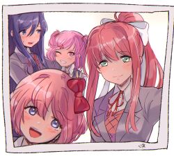  4girls :d arm_around_shoulder artist_name averting_eyes blazer blush border bow bowtie brown_hair brown_sweater_vest close-up closed_mouth commentary doki_doki_literature_club doki_doki_literature_club_school_uniform green_eyes grey_jacket grin hair_bow hair_ornament hair_ribbon hand_up head_tilt highres jacket kokomi_(aniesuakkaman) light_smile long_hair looking_ahead looking_at_viewer monika_(doki_doki_literature_club) multiple_girls natsuki_(doki_doki_literature_club) neck_ribbon one_eye_closed open_mouth photo_(object) pink_eyes pink_hair ponytail portrait purple_eyes purple_hair red_bow red_bowtie red_ribbon ribbon sayori_(doki_doki_literature_club) school_uniform selfie shirt short_hair sidelocks signature simple_background smile sweatdrop sweater_vest teeth two_side_up upper_teeth_only v very_long_hair white_background white_border white_bow white_ribbon white_shirt x_hair_ornament yuri_(doki_doki_literature_club)  rating:General score:19 user:danbooru