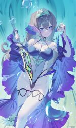  1girl absurdres alternate_costume arm_fins artist_name blue_eyes blush breasts bubble closed_mouth collarbone detached_sleeves dress duel_monster fins fish_girl gem grey_hair groin hair_between_eyes head_fins highres holding holding_sword holding_weapon kitkallos_(yu-gi-oh!) large_breasts lovely_labrynth_of_the_silver_castle navel_piercing pearl_(gemstone) piercing purple_nails rare_lemon smile solo sword tearlaments_kitkallos thighhighs tiara underwater weapon white_thighhighs yu-gi-oh! 