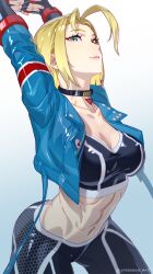  1girl abs ahoge antenna_hair blonde_hair blue_eyes breasts cammy_stretch_(meme) cammy_white choker crop_top gloves looking_at_viewer meme navel scar solo street_fighter street_fighter_6 yonezawa_mao 