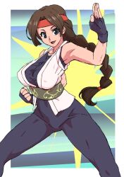  1girl braid breasts brown_hair dougi fingerless_gloves gloves headband highres kikuta_kouichi long_hair looking_at_viewer open_mouth red_headband single_braid smile solo spandex the_king_of_fighters yuri_sakazaki 
