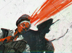  1boy ajin_(sakurai_gamon) bulletproof_vest colored_skin gun gun_to_head hat holding holding_gun holding_weapon male_focus mature_male red_skin redsakaone satou_(ajin) shirt solo suicide twitter_username weapon white_hair white_shirt 