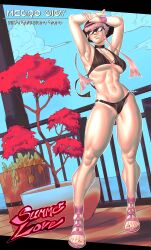  1girl absurdres armpits arms_up artist_name bikini black_bikini black_choker blue_sky breasts choker dutch_angle english_text highres manon_legrand metro_city nail_polish navel nyoolie pink_hair pink_nails plant potted_plant sidelocks sky solo street_fighter street_fighter_6 summer sunglasses swimsuit toenail_polish toenails toes toned toned_female 