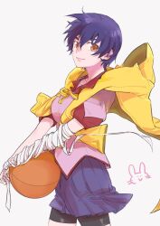 1girl ball bandaged_arm bandages basketball_(object) bike_shorts bike_shorts_under_skirt blue_hair breasts highres kanbaru_suruga light_smile medium_breasts monogatari_(series) naoetsu_high_school_uniform orange_eyes pink_shirt pleated_skirt raincoat school_uniform shirt short_hair skirt usa003uni yellow_raincoat 