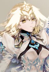  1girl angel angel_wings blonde_hair collared_shrug dress fate/grand_order fate_(series) feathered_wings headpiece highres jeanne_d&#039;arc_(fate) juliet_sleeves long_hair long_sleeves looking_at_viewer metatron_jeanne_(fate) metatron_jeanne_(third_ascension)_(fate) minako_larima puffy_sleeves shrug_(clothing) solo white_dress wings yellow_eyes 