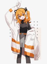  1girl a.i._voice adachi_rei arm_up belt black_hairband black_pantyhose black_shirt blush crossed_bangs feet_out_of_frame gloves grey_skirt hair_between_eyes hair_ribbon hairband hashtag-only_commentary head_tilt headlamp highres jacket jacket_partially_removed long_hair open_mouth orange_belt orange_hair pantyhose radio_antenna ribbon shirt side_ponytail sirotuki skirt solo utau very_long_hair white_gloves white_ribbon 