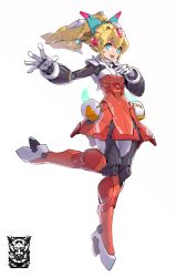  1girl absurdres android blonde_hair blue_eyes dress forehead_jewel head_tilt highres korean_commentary looking_at_viewer mar10 mechanical_arms mechanical_legs mega_man_(classic) mega_man_(series) open_hand open_mouth red_dress roll_(mega_man) science_fiction simple_background smile solo white_background  rating:Sensitive score:20 user:danbooru