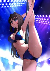  1girl absurdres aozaki_aoko bikini blue_bikini blue_eyes blush breasts brown_hair cameltoe fukou highres long_hair looking_at_viewer mahou_tsukai_no_yoru navel pole smile solo split standing standing_on_one_leg standing_split stripper_pole swimsuit 