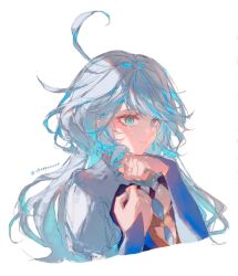  1girl ahoge aqua_eyes artist_name blue_dress blue_eyes blue_hair blue_nails chappoooonn clenched_hands closed_mouth dress fingernails furina_(genshin_impact) genshin_impact grey_hair hands_up heterochromia highres huge_ahoge juliet_sleeves long_hair long_sleeves looking_to_the_side multicolored_hair nail_polish puffy_sleeves sidelocks simple_background solo two-tone_dress two-tone_hair upper_body wavy_hair white_background white_dress 