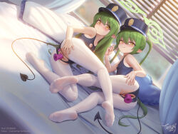  2girls anal anal_beads anal_object_insertion anus ass banned_artist blue_archive blue_one-piece_swimsuit blush breasts butt_plug censored closed_mouth crotchless crotchless_swimsuit demon_girl demon_tail dildo female_focus full_body green_hair green_halo halo highres hikari_(blue_archive) indoors loli long_hair looking_at_viewer lying memechan mosaic_censoring multiple_girls nipple_cutout no_shoes nozomi_(blue_archive) object_insertion on_side one-piece_swimsuit paid_reward_available pantyhose pointy_ears pussy school_swimsuit sex_toy siblings signature sisters small_breasts smile soles swimsuit tail toes torn_clothes torn_pantyhose twins twintails vaginal vaginal_object_insertion variant_set white_pantyhose yellow_eyes 