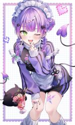  1girl ;d absurdres aoha_(aohasora) apron bibi_(tokoyami_towa) black_jacket braid braided_bun commentary_request demon_girl demon_tail double_bun ear_piercing fangs finger_heart floral_print_jacket gradient_hair green_eyes grey_leg_warmers hair_bun hair_ornament hair_over_shoulder hairclip hand_on_own_knee hand_up heart heart_hair_ornament highres hololive jacket jersey_maid jewelry knees_together_feet_apart leaning_forward leg_warmers long_hair looking_at_viewer maid maid_apron maid_headdress multicolored_hair multiple_rings official_alternate_costume official_alternate_hairstyle one_eye_closed open_mouth piercing pink_hair pixel_heart pointy_ears purple_hair purple_sleeves raglan_sleeves ring sleeves_past_wrists smile solo tail teeth tokoyami_towa tokoyami_towa_(8th_costume) track_jacket twin_braids unconventional_maid upper_teeth_only virtual_youtuber 