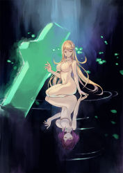  1girl 2girls arm_support armpits ass blonde_hair breasts chest_jewel cleavage closed_eyes commentary_request completely_nude dark_background derivative_work dual_persona earrings glowing highres inoue_takuya_(tactactak) jewelry large_breasts light_particles long_hair looking_at_viewer multiple_girls mythra_(xenoblade) navel nintendo nipples nude pyra_(xenoblade) red_hair reflection reflective_water seiza short_hair sitting sitting_on_water smile stomach swept_bangs very_long_hair water xenoblade_chronicles_(series) xenoblade_chronicles_2  rating:Questionable score:25 user:danbooru