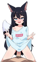  1boy 1girl absurdres animal_ears black_hair blue_shirt blush borrowed_character censored clothes_lift cowgirl_position double_v fox_ears fox_girl fox_tail highres implied_sex long_hair looking_at_viewer mosaic_censoring naked_shirt nipples off_shoulder original oversized_clothes oversized_shirt penis pov pov_crotch pruzhka_(wardi113) shirt shirt_lift simple_background single_off_shoulder smile straddling sweat tail tears v white_background 