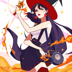  alternate_costume bag bare_shoulders bishoujo_senshi_sailor_moon black_bag black_skirt boissb commentary crescent_print earrings english_commentary fire hat hino_rei holding holding_wand jewelry long_hair looking_at_viewer magic mars_symbol parted_lips red_lips shoulder_bag signature skirt star_(symbol) star_earrings suspender_skirt suspenders wand witch witch_hat 