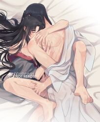  2boys ahoge alternate_hairstyle anal artist_name barefoot bed_sheet black_hair black_hanfu blush bottomless boy_on_top chinese_clothes closed_eyes clothes_down collarbone couple cum cum_in_ass cum_on_body cum_on_male from_above hair_down hand_on_another&#039;s_thigh hanfu hickey hug implied_sex lan_wangji leg_grab long_hair lying male_focus minataka94 missionary modao_zushi multiple_boys naked_robe off_shoulder on_back on_bed open_clothes open_robe partially_undressed robe robe_partially_removed scar scar_on_back sex spread_legs sweat tears watermark wei_wuxian white_hanfu yaoi 