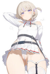  1girl arm_up blonde_hair breasts cameltoe closed_mouth highres hololive hololive_dev_is leotard looking_at_viewer nagashi_mangan purple_eyes short_hair simple_background small_breasts solo todoroki_hajime virtual_youtuber white_background white_leotard 