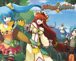  2boys 2girls age_difference animal armor atlus bag bandana belt belt_buckle blue_hair blue_sky breasts brother_and_sister buckle cecilia_armaclite closed_mouth cloud collarbone copyright_name detached_sleeves dragging dress facing_another floating floating_hair flying forest gem green_eyes hair_ornament hair_tie hand_grab hand_up happy hat headband headwear_request hexyz_force holding holding_another&#039;s_wrist holding_hands hovering jacket jewelry laughing leaf leaves long_hair long_sleeves looking_at_another looking_back looking_to_the_side low-tied_long_hair luffina_gemini matching_hair/eyes medium_breasts mountain multiple_boys multiple_girls nature official_art official_wallpaper open_mouth orange_pants orange_shirt outdoors pants pauldrons pleated_skirt pouch rafael_gemini ralu_(hexyz_force) red_eyes red_hair running shirt short_hair shoulder_armor siblings skirt sky small_breasts smile spiked_hair star_(symbol) thighhighs tiara tobe_sunaho tongue tree twins twintails very_long_hair walking  rating:Sensitive score:3 user:HimawariMirai