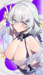  1girl absurdres airseal breasts celestia_(strinova) closed_mouth collarbone commentary_request fingernails grey_hair hair_ornament hairclip hand_on_own_hip highres inverted_nipples large_breasts long_hair looking_at_viewer midriff nail_polish navel pink_eyes purple_nails solo strinova sweat v 