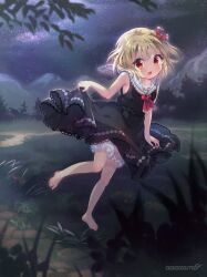  1girl amo_(shibu3) armpits ascot bare_shoulders barefoot black_dress blonde_hair bloomers bow collar dark_background dress fang flying grass highres knees medium_hair mountainous_horizon open_mouth outdoors path red_ascot red_bow red_eyes road rumia skirt_hold sky solo star_(sky) starry_sky thick_eyelashes touhou tree underwear white_collar 