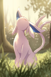 :3 ^_^ animal_ears closed_eyes creatures_(company) day espeon forehead_jewel forked_tail full_body game_freak gen_2_pokemon grass highres light_rays looking_up nature nintendo no_humans outdoors pink_fur pokemon pokemon_(creature) pokemon_focus rumine_(yoshi1234567) sitting smile solo tail tree