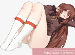 1girl arm_up ayaya_(ayaya_ri) blush breasts brown_eyes brown_hair brown_shirt collared_shirt commentary_request eyelashes fanbox_username feet full_body genshin_impact grey_background hair_between_eyes hand_up highres hu_tao_(genshin_impact) knees_up legs long_hair lying medium_breasts no_pants on_back open_mouth paid_reward_available panties shadow shirt simple_background socks solo sweatdrop symbol-shaped_pupils thighs toes underwear white_panties white_socks rating:Sensitive score:93 user:danbooru