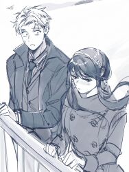  1boy 1girl black_hair blonde_hair blush breasts couple earrings gold_earrings hairband hetero highres husband_and_wife ideksams jewelry large_breasts long_hair long_sleeves open_mouth red_eyes shirt short_hair sidelocks spy_x_family teeth twilight_(spy_x_family) yor_briar 