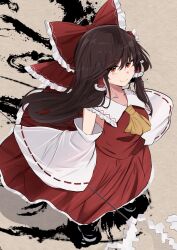  1girl absurdres ascot bare_shoulders black_shoes bow breasts brown_background brown_hair closed_mouth collarbone collared_shirt commentary_request detached_sleeves frills full_body gohei hair_between_eyes hair_bow hair_ornament hair_tubes hakurei_reimu highres holding holding_gohei japanese_clothes long_hair long_sleeves looking_at_viewer medium_breasts miko nontraditional_miko oonusa red_bow red_eyes red_shirt red_skirt shadow shirt shoes sidelocks skirt sleeveless sleeveless_shirt smile solo tooya0130 touhou white_sleeves wide_sleeves yellow_ascot 