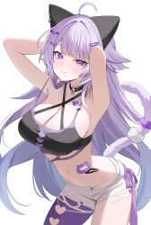  1girl :3 absurdres ahoge animal_ear_fluff animal_ear_headband animal_ears armpits arms_behind_head arms_up black_choker breasts camisole cat_ears cat_girl cat_tail choker cleavage closed_mouth clothing_cutout commentary criss-cross_halter crop_top halterneck heart_cutout highres hololive large_breasts long_hair looking_at_viewer messy_hair midriff nannung navel nekomata_okayu nekomata_okayu_(personya_respect) o-ring o-ring_top official_alternate_costume official_alternate_hairstyle purple_eyes purple_hair short_shorts shorts simple_background single_leg_pantyhose solo symbol-only_commentary tail torn_camisole torn_clothes torn_shorts very_long_hair virtual_youtuber white_shorts 