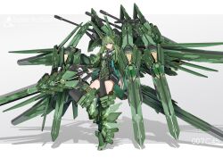  1girl blush boots closed_mouth commentary_request full_body green_boots green_eyes green_hair green_wings grey_background headgear highres holding holding_weapon long_hair looking_at_viewer mecha_musume mechanical_wings original sarasadou_dan shadow simple_background solo standing weapon wings 