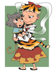  2girls animal_ears animal_print black_eyes black_hair blue_capelet boots capelet carrying carrying_person closed_mouth commentary_request dress full_body green_background grey_boots grey_hair grey_skirt grey_vest hagoromo hair_ornament highres long_sleeves looking_at_another mouse_ears mouse_girl mouse_tail multicolored_hair multiple_girls nazrin onikobe_rin open_mouth orange_hair red_dress shawl shirt short_hair skirt skirt_set smile standing streaked_hair tail tiger_print toramaru_shou touhou two-tone_background undercut very_short_hair vest white_shirt 