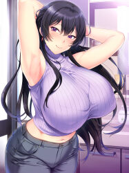  1girl armpits arms_up bathroom black_hair black_pants blush breasts closed_mouth dakikano denim fukami_arisa hair_between_eyes highres huge_breasts indoors jeans long_hair looking_at_viewer mature_female mdf_an mirror navel pants purple_eyes ribbed_sweater sidelocks sleeveless sleeveless_turtleneck smile solo standing sweater turtleneck turtleneck_sweater 