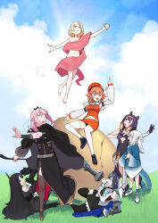  6+girls animal_costume asymmetrical_horns black_dress black_hair blue_eyes blue_hair chain chain_headband chef_hat cloud cloudy_sky commentary dasdokter demon_horns detached_sleeves dress earrings english_commentary feather_earrings feathers fine_art_parody fins fish_tail gawr_gura gawr_gura_(1st_costume) gloves gradient_hair hair_ornament hat highres holding holding_pocket_watch holding_scythe hololive hololive_english holomyth horns jewelry long_hair mini_chef_hat mori_calliope mori_calliope_(1st_costume) multicolored_hair multiple_girls multiple_hats nerissa_ravencroft nerissa_ravencroft_(1st_costume) ninomae_ina&#039;nis ninomae_ina&#039;nis_(1st_costume) open_mouth orange_hair orange_hat ouro_kronii ouro_kronii_(1st_costume) parody pink_hair pocket_watch purple_hair resurrection_of_jesus scythe shark_costume shark_girl shark_hair_ornament shark_tail short_hair shoulder_spikes sky spikes tail takanashi_kiara takanashi_kiara_(1st_costume) tentacle_hair thighhighs tiara veil virtual_youtuber watch watson_amelia white_thighhighs 
