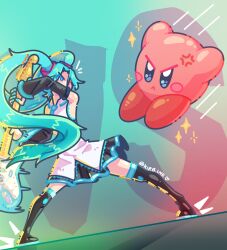  1boy 1girl aimaay anger_vein aqua_eyes aqua_nails aqua_necktie artist_name black_boots black_skirt black_sleeves blush boots collared_shirt commentary crossover detached_sleeves english_commentary fighting guitar hatsune_miku highres holding holding_guitar holding_instrument instrument kirby kirby_(series) long_hair long_sleeves miniskirt necktie nintendo pleated_skirt shadow shirt skirt sleeveless sleeveless_shirt star_(symbol) thigh_boots twintails very_long_hair vocaloid white_shirt 